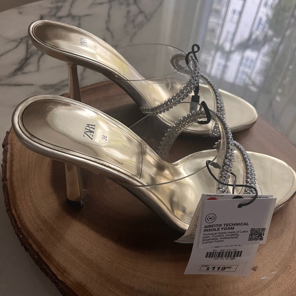 Zara Silver Gold Strappy Heels with Rhinestones - Picture 2 of 4